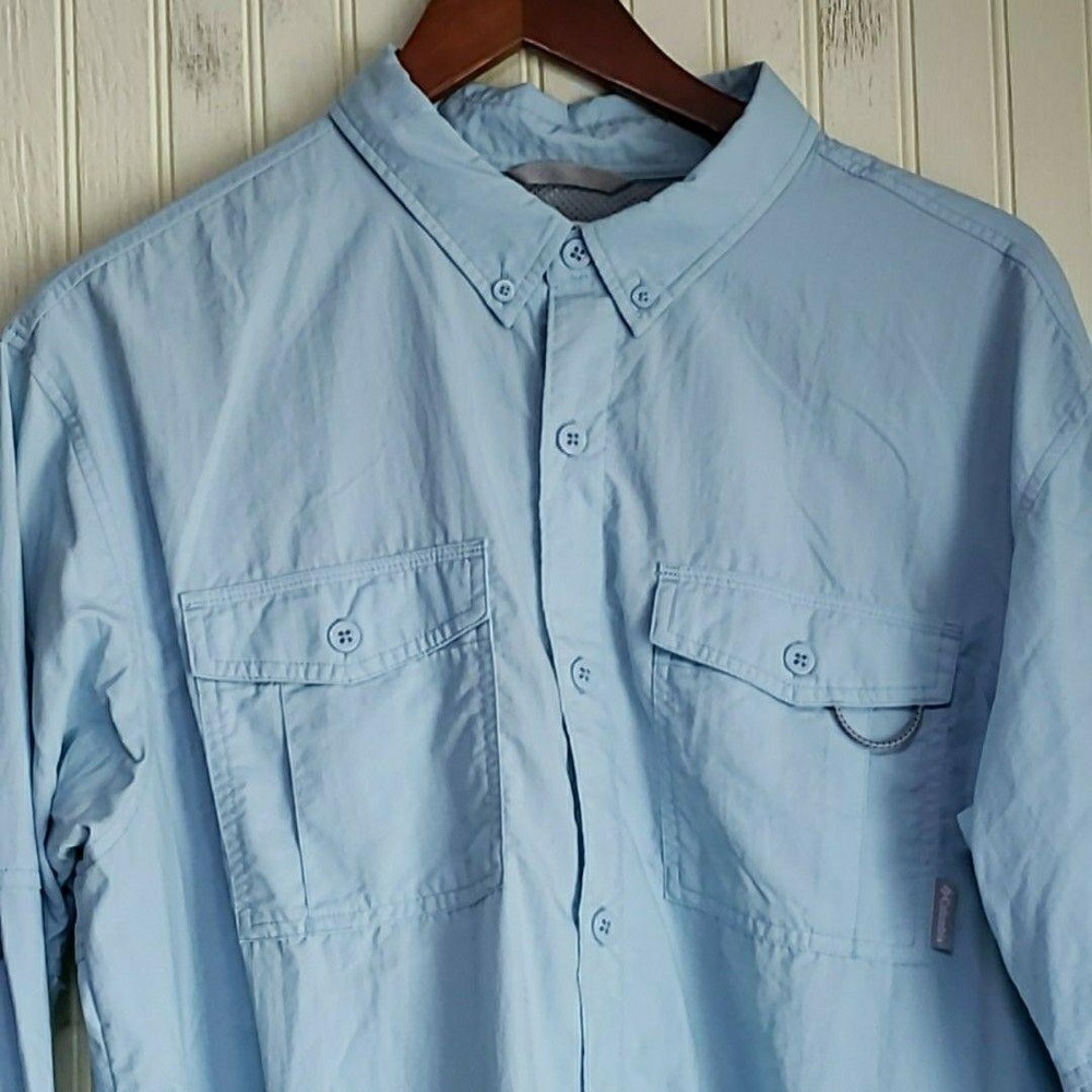 Columbia Shirt Mens Large Blue Solid Long Sleeve Omni-Shade Button-Up Fishing